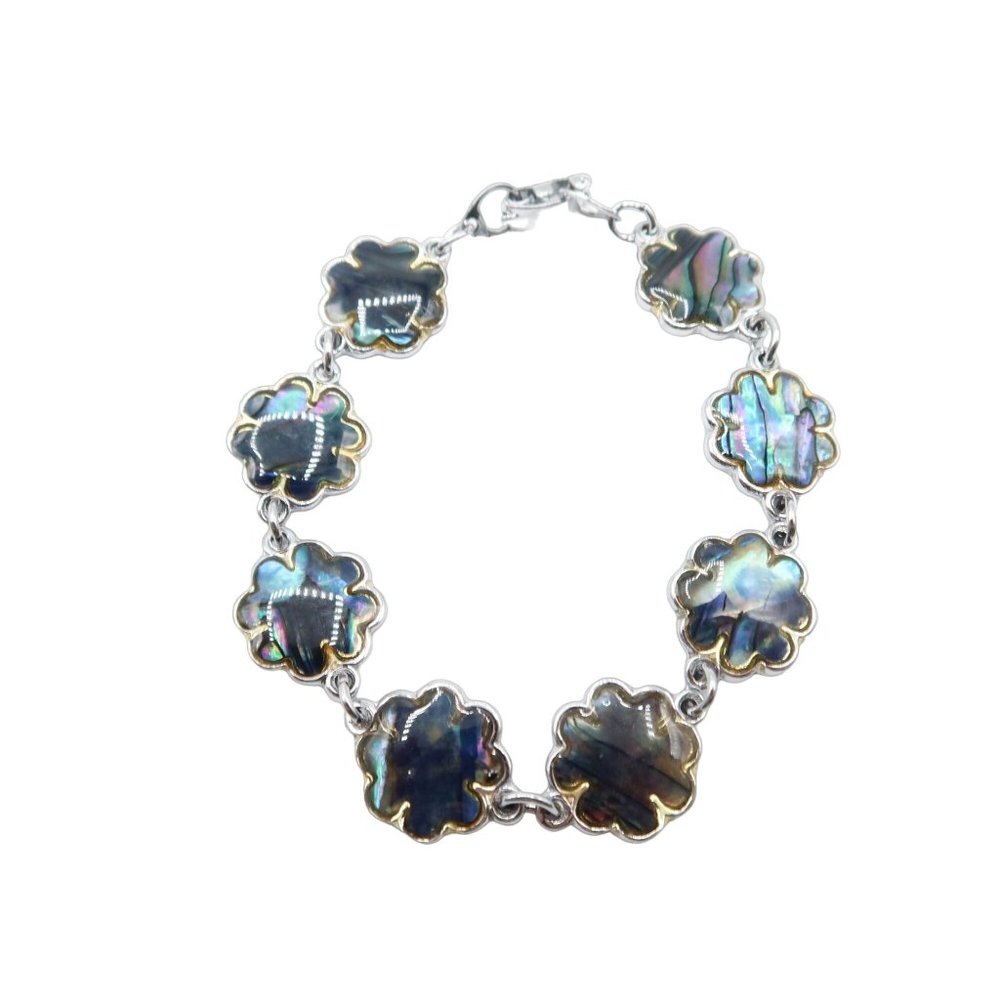 Deep Blue Abalone & Silvertone Flower Link 7" Bracelet Unsigned